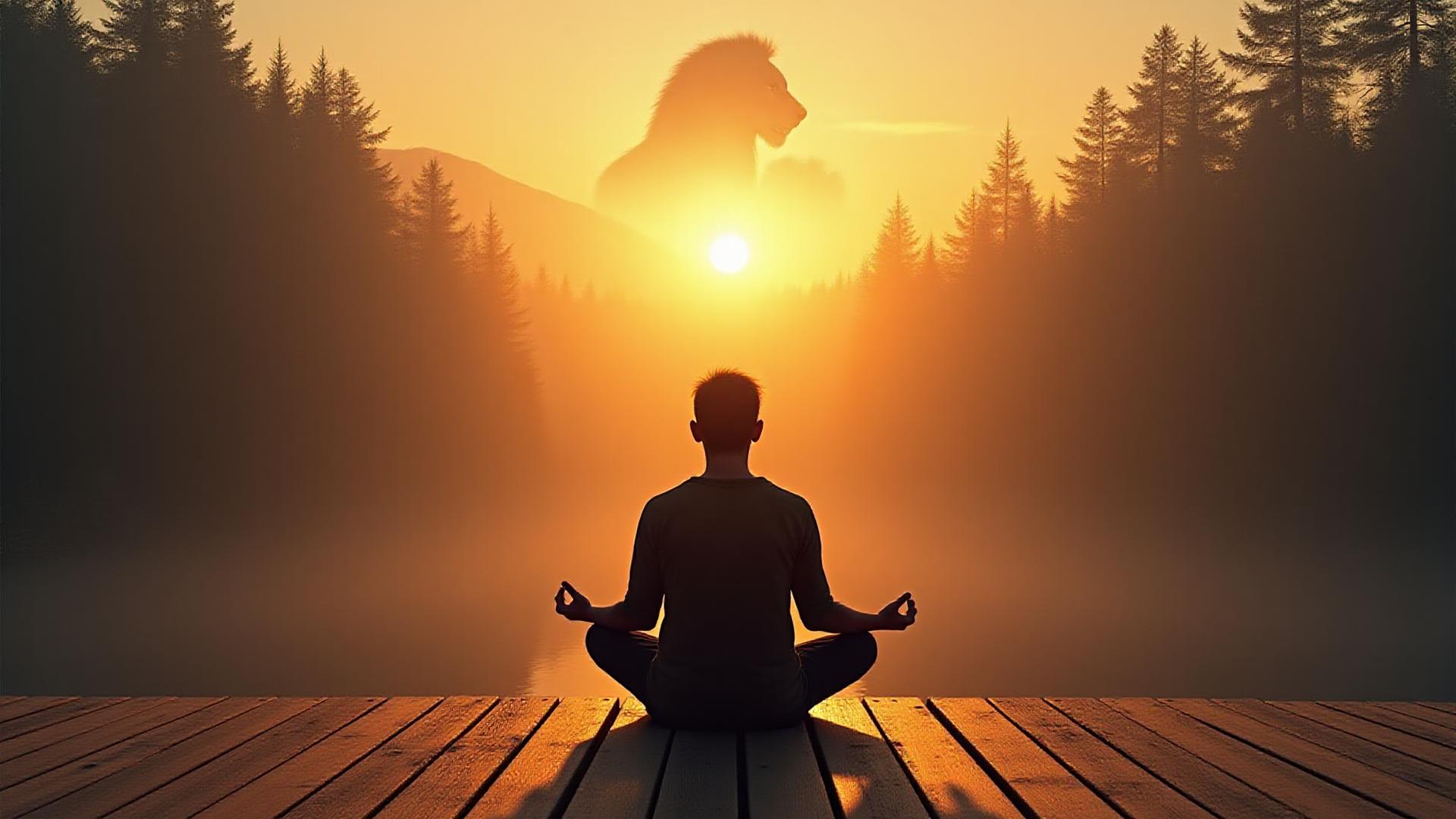 Persona meditando al amanecer en un bosque tranquilo