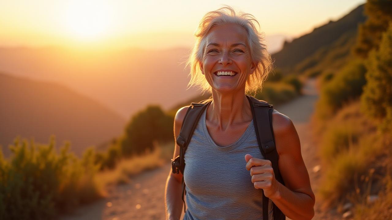 Persona mayor activa disfrutando de una caminata en la naturaleza