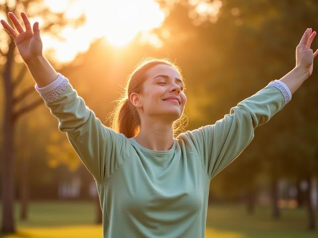 Persona sonriente disfrutando de un día sin dolor de espalda en un parque
