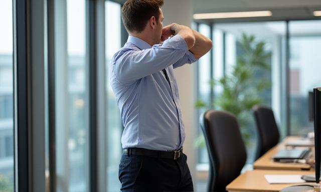 Ejercicio de apertura de pecho en oficina